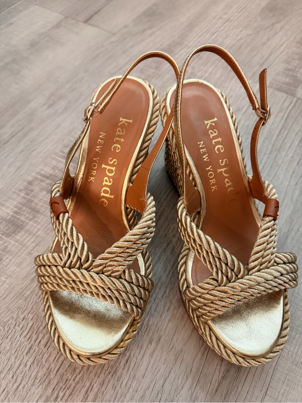 kate spade Metallic Gold Braided Rope Wedge Sandals